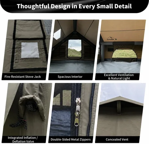 Vista 6 de Luxury Inflatable Camping Tent,Wind & Rain Resistant,Breathable & Durable Wear-Resistant Fabric,Built-in Stove Jack,Fast Setup with Pump,All-Season