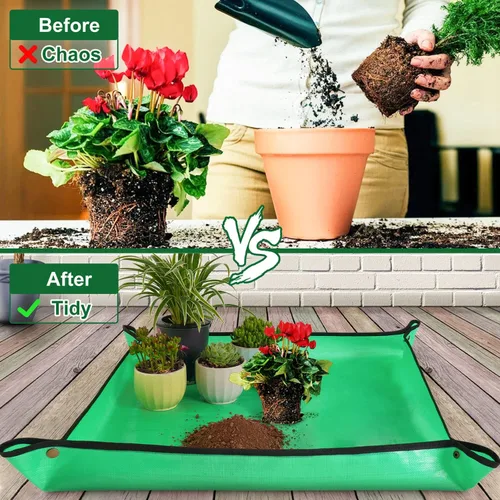 Vista 2 de HNXTYAOB 2 PCS Alfombrilla de Trasplante de 27" x 27" para Plantas de Interior y Control de Desorden, Bandeja para Macetas Engrosada e Impermeable