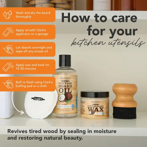 Vista 3 de CLARK'S Kit de acabado de aceite y cera para tabla de cortar de coco, fabricado con aceite de coco refinado, incluye aceite (12 onzas), cera