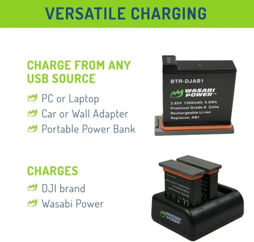 Vista 6 de Wasabi Power Batería (paquete de 2) y cargador USB triple para DJI AB1 y DJI OSMO Action Camera