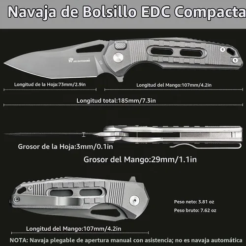 Vista 2 de HX OUTDOORS Cuchillo plegable de bolsillo con clip de bloqueo, cuchillo EDC plegable de camping premium de acero D2 con mango de aleación