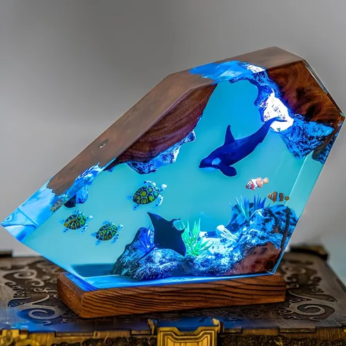 Vista 15 de Lámpara de Luz de Madera con Resina Epoxi Creativa del Océano, Lámpara de Océano Acuático Multicolor Hecha a Mano para Entusiastas del Buceo
