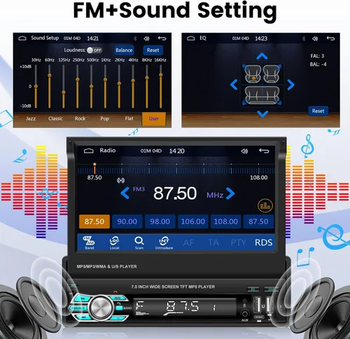 Vista 4 de Radio de coche de un solo DIN con Bluetooth, Carplay inalámbrico y Android Auto, pantalla abatible de 7 pulgadas, soporte estéreo retráctil