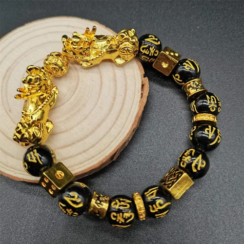 Vista 4 de Homelavie 2 pulseras de riqueza de obsidiana negra Feng Shui de 0.472in con cuentas de mantra Pi Xiu para mujeres y hombres que atraen riqueza