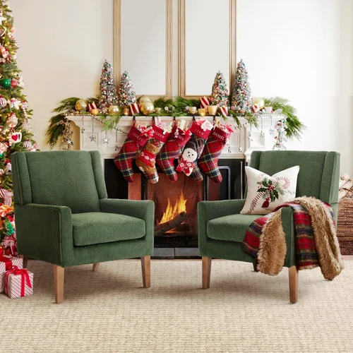 Vista 11 de COLAMY Silla moderna de ala para sala de estar, sillón tapizado de tela, sofá individual con asiento de salón y patas de madera para Beige