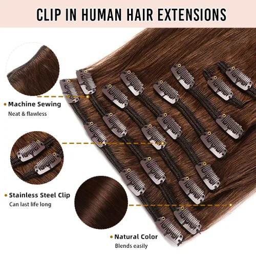 Vista 3 de Extensiones de cabello humano real con pinzas, 12 pulgadas, 2.89 oz, 8 piezas de extensiones de cabello Remy para mujer, color marrón medio