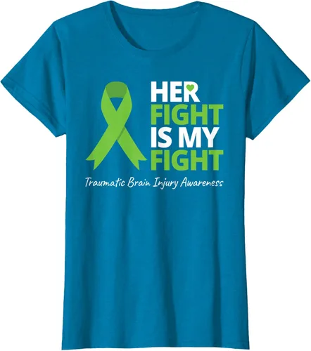 Vista 32 de Camiseta con cinta verde de la conciencia de la TBI, con texto en inglés "Her Fight Is My Fight" Jaspeado Oscuro