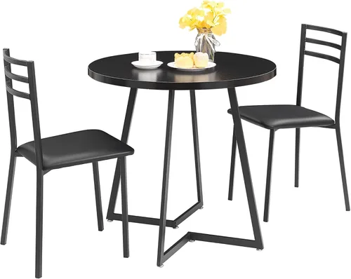 Vista 9 de VECELO Mesa de cocina redonda pequeña con 2 sillas tapizadas, juegos de comedor de madera de 3 piezas con marco de acero para rincón de desayuno