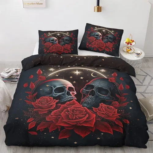 Vista 10 de Juego de funda de edredón tamaño individual Juego de cama de calavera de flores Patrón de esqueleto 2 piezas Funda de edredón de microfibra