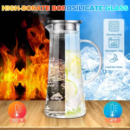 Vista 2 de SUSTEAS Jarra de Vidrio de 1.5 Litros 51oz con Tapa, Fácil de Limpiar, Jarra de Agua de Vidrio Resistente al Calor con Asa para Bebidas
