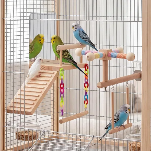 Vista 2 de 2 piezas de juguetes de periquito para pájaros, plataforma de perca para pájaros, escalera de espejo oscilante con función de giro de 360°
