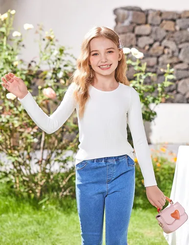 Vista 2 de Arshiner Camisas de punto acanalado de manga larga para niñas, suaves, ajustadas, cuello redondo, casual, capa base Blanco