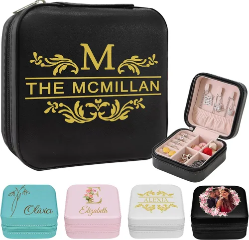 Vista 10 de Joyero de viaje personalizado para mujer, foto personalizada, nombre, logotipo, joyero, regalo de dama de honor, boda, cumpleaños