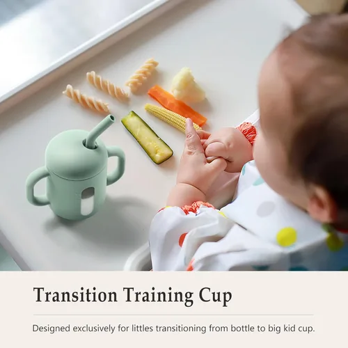 Vista 3 de CLYMENE Taza de entrenamiento de silicona con popote y asas, taza para beber para bebé, taza para beber agua para bebés y niños pequeños de 6 meses