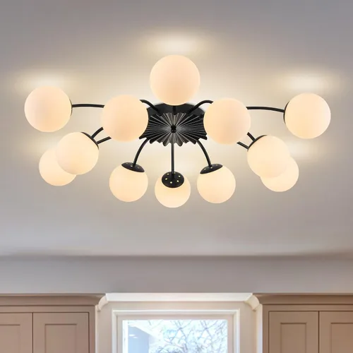Vista 10 de Longree Sputnik - Lámpara de techo semiempotrada con forma de globo de vidrio de leche de 6 luces, color dorado, arte de mediados de siglo, moderna