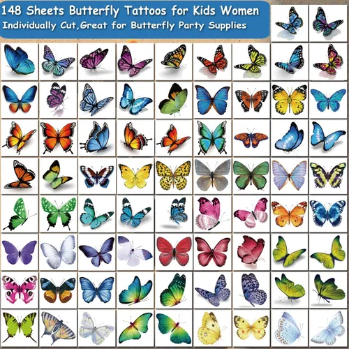 Vista 3 de CHARLENT 148 hojas individuales de tatuajes temporales de mariposa para niñas y mujeres, tatuajes de mariposa realistas 3D para niños, regalos