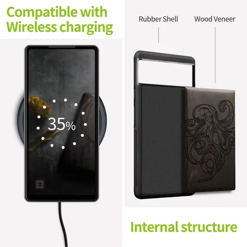 Vista 5 de Carveit Funda de madera para Pixel 6a [madera natural y TPU suave negro] a prueba de golpes, diseño único de madera compatible con Google Pixel 6a