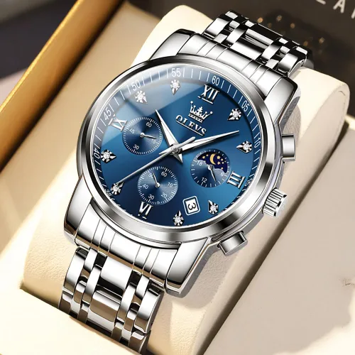 Vista 9 de OLEVS Watch for Men Diamond Business Dress Analog Quartz Stainless Steel Waterproof Luminous Date Two Tone Luxury Casual Wrist Watch Blue