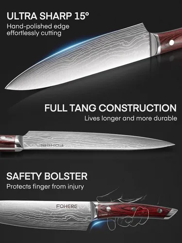 Vista 3 de FOHERE Juego de cuchillos de chef, 5 cuchillos de cocina ultra afilados con mango ergonómico de madera de Pakka roja, juego de cuchillos