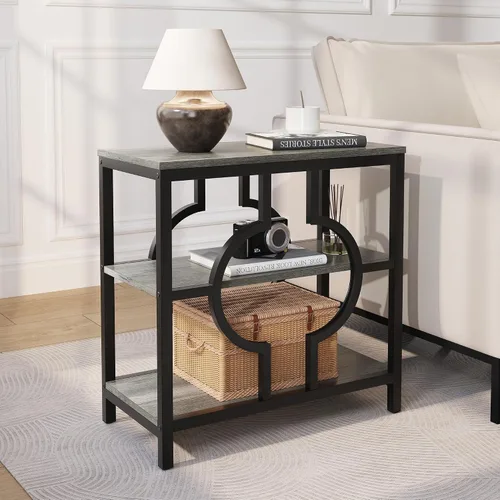 Vista 11 de Mesa auxiliar, mesa auxiliar estrecha con estantes de almacenamiento de 3 niveles, mesa auxiliar de sofá de madera con marco de metal geométrico