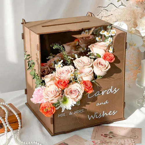 Vista 2 de OurWarm Caja de tarjetas de boda de madera con canal de flores onduladas, cajas de tarjetas de boda rústicas de color marrón para recepción