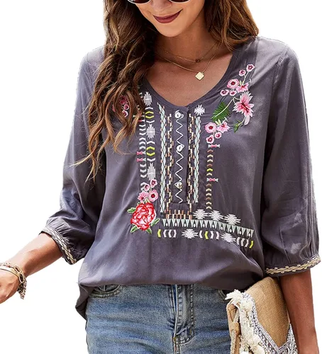 Vista 2 de AK Blusas bordadas estilo bohemio para mujer, manga 34, estilo campesino, estilo bohemio, holgadas.