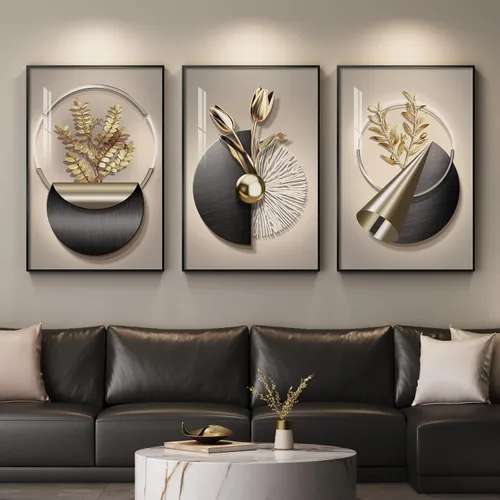 Vista 19 de Arte de pared moderno enmarcado en blanco y negro, 3 piezas de impresiones contemporáneas grandes para paredes, juego de 3 imágenes de hojas doradas