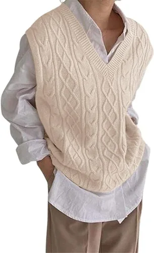 Vista 4 de Women's V Neck Sweater Vest Oversized Sleeveless Loose Knit Tops Cable Sleeveless Sweater