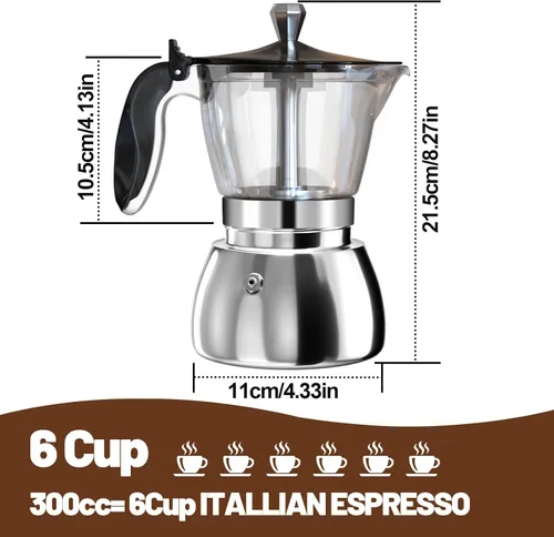 Vista 2 de Olla de plástico transparente de 6 tazas de acero inoxidable sin recubrimiento, cafetera italiana, cafetera moca greca, cafetera clásica