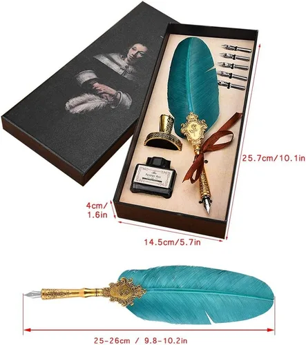 Vista 7 de AYNEFY Juego de bolígrafos de plumas, pluma de inmersión vintage, pluma de caligrafía con 5 puntas de repuesto, base de punta de pluma, botella