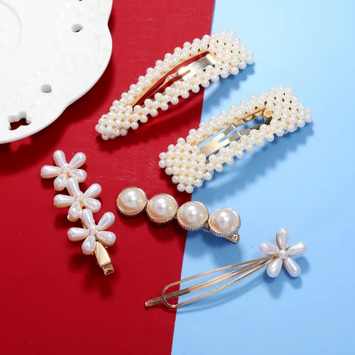 Vista 6 de Accesorios para el cabello para mujer, 18 piezas hechas a mano con pasadores de perlas de simulación, juego de clip geométrico de flores