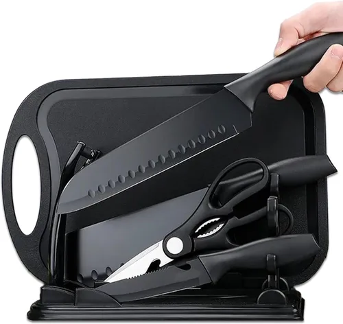 Vista 7 de Magicorange Juego de cuchillos de cocina de 7 piezas, 5 cuchillos de acero inoxidable negros con fundas, tabla de cortar y un bloque de cuchillos