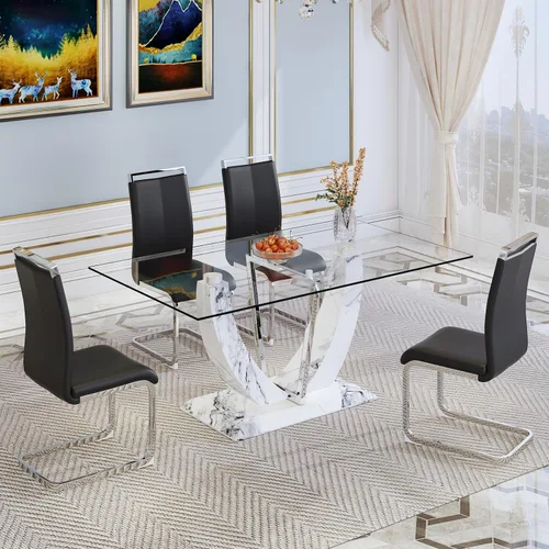 Vista 7 de JUFU Juego de mesa de comedor de cristal de 71 pulgadas para 6, juego de mesa de comedor moderno con base de textura de mármol sintético blanco