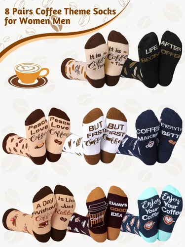 Vista 2 de 8 pares de calcetines temáticos de café, regalos para amantes del café, calcetines estampados para mujeres y hombres, amantes del café, regalo