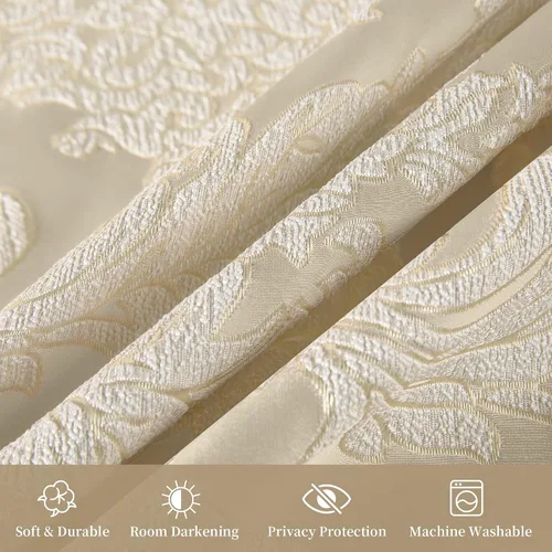 Vista 6 de Loom and Mill - Cortinas de lujo de jacquard para dormitorio, cortinas de damasco beige de 2 paneles con alzapaños, elegante cortina de ventana