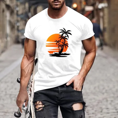 Vista 2 de Camiseta de manga corta con cuello redondo para hombre, estilo casual, para deportes, para vacaciones, playa, palmeras, tropicales, verano, camiseta