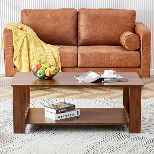 Vista 14 de Mesas de centro modernas de 2 niveles rectangulares de madera con amplio almacenamiento, perfectas para sala de estar, decoración de sala