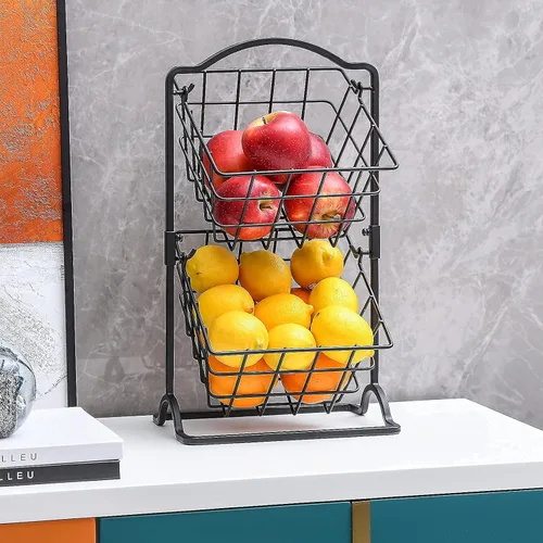 Vista 6 de Cesta de frutas de hierro de 2 niveles para encimera de cocina, pan, frutas y verduras, cesta de almacenamiento de alambre colgante para organizador
