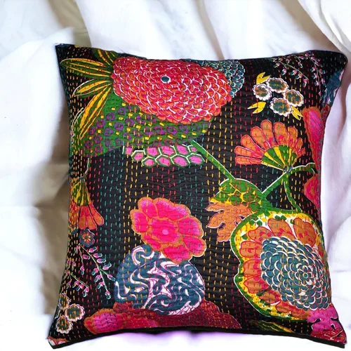 Vista 4 de Funda decorativa chic bohemia hippie para sofá, funda de almohada hecha a mano con frutas Kantha, de algodón, fundas de almohada bohemias