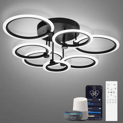 Vista 15 de Lámpara de techo LED, lámpara de techo moderna de 6 anillos, 77 W regulable 3000K a 6500K, luz de techo blanca con control remoto para sala