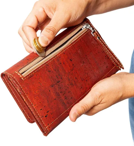 Vista 3 de Cartera de corcho vegano para mujer, delgada para tarjetas, funda plegable para tarjetas con bolsillo con cremallera, Rojo -, Classic