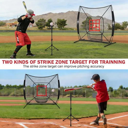 Vista 7 de Red de práctica de béisbol de 7 x 7 pies para golpear y lanzar, red de entrenamiento con zona de ataque grande o camiseta de bateo y objetivo de 9
