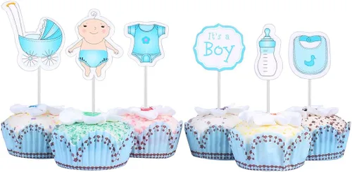 Vista 5 de Quotidian Paquete de 48 adornos de papel decorativo para cupcakes de 4 pulgadas (3.9 in), color azul