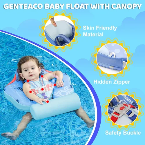 Vista 7 de Mambobaby Baby Float with Canopy & Tail Non-Inflatable Baby Swim Float Upgrade Soft Infant Pool Float Sun Protection Newborn Pool Float 3-24 Months