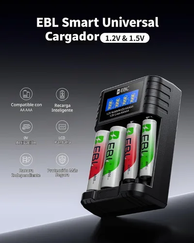 Vista 2 de EBL Cargador de batería universal, cargador de batería AA AAA de 1.5 V y 1.2 V con carga rápida tipo C, ranura independiente para baterías AA AAA