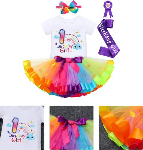 Vista 5 de IBTOM CASTLE Conjunto de falda de unicornio para bebé niña 1er 2do 3er cumpleaños, tutú arco iris, pastel de princesa, mameluco con diadema