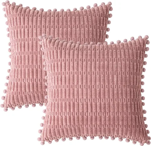 Vista 2 de MIULEE Juego de 2 fundas de almohada decorativas de pana rosa rubor, paquete de 2 fundas de almohada suaves con pompones, estilo bohemio, a rayas