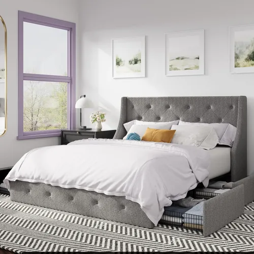 Vista 9 de HOOMIC Base de cama de plataforma tapizada completa con 4 cajones de almacenamiento y cabecera con respaldo de ala, diseño capitoné, fácil montaje