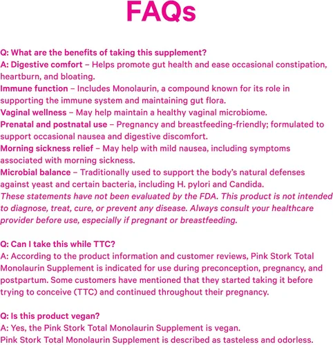 Vista 8 de Pink Stork Suplemento total de monolaurina para la salud intestinal, náuseas matutinas, apoyo inmunológico y salud vaginal para mujeres, bienestar