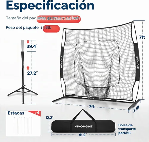 Vista 8 de VIVOHOME Baseball & Softball Training Net with Batting Tee, 7 x 7 ft.